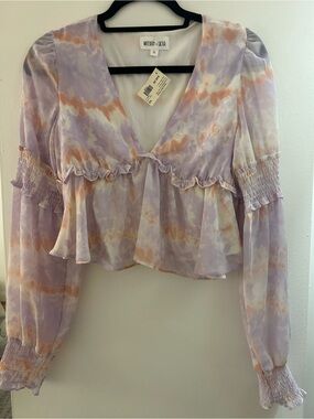 Long Sleeve Lavender Tie-Dye Blouse with Ruched Sleeve